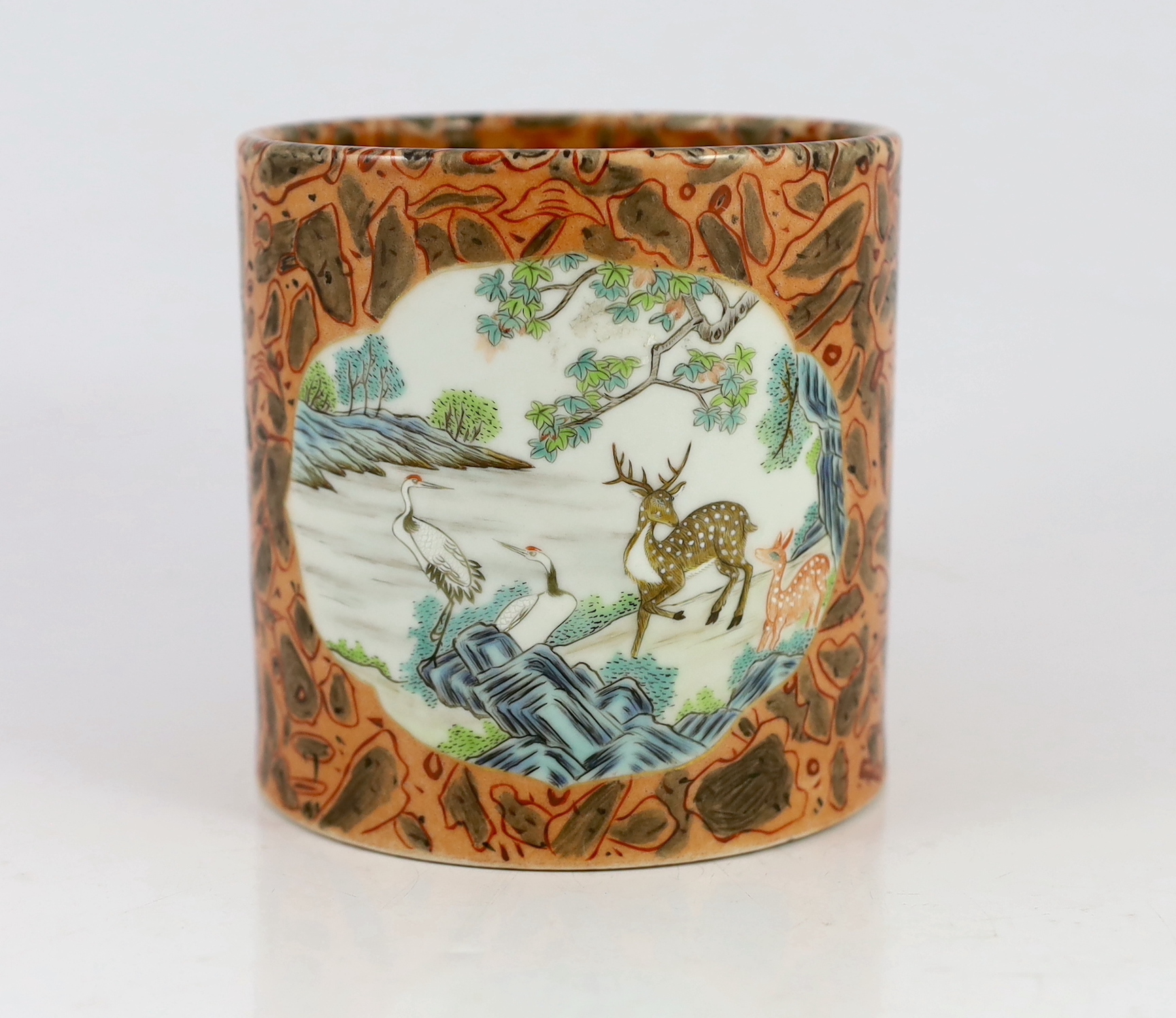 A Chinese faux bois brushpot, Qianlong mark, 20th century, 12.2 cm high